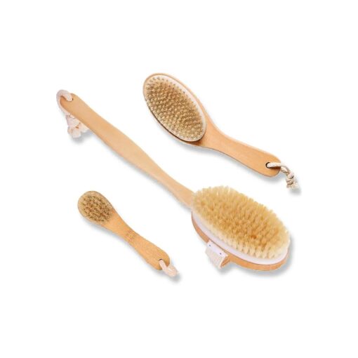 3 Set Body Brush Set - Long Wooden Dry Bath Body Back Brush, Contour Handle Natural Bristle Brush and Facial Brush