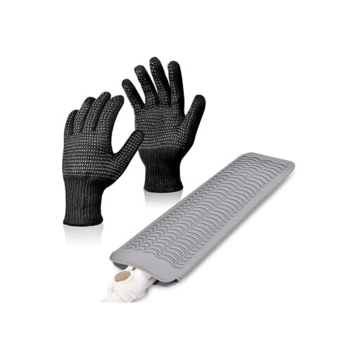 IKOCO Heat Gloves for Hair Styling, Heat Resistant Silicone Mat Pouch and 2Pcs Heat Proof Gloves Mitts for Flat Iron, Curling Iron, Straightener ( Black & Grey )