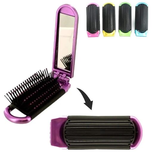 Folding Hair Brush With Mirror Compact Pocket Size Travel Car For Purse Bag