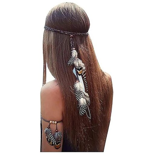 Set of 2 Gypsy Hippie Feather Headband Headdress and Armband Bohemian Headwear Headpiece Handmade Tribal Indian Fascinator Feather Hairband Hair Accessories for Women Lady ( A # )