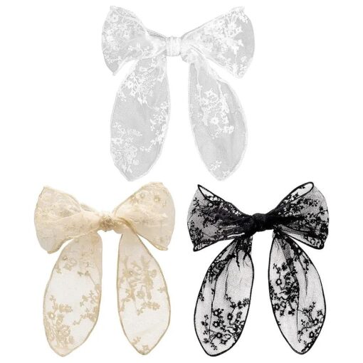 PAGOW 3PCS Lace Bow Hair Clips, Korean-Style Flower Hair-Bow Barrette Hair Accessories, Handmade Hair Decor For Women Girls ( 3 Colors : White, Black, Beige )