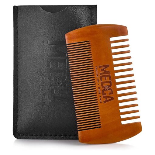 Wooden Beard Comb With Leather Case - Handcrafted Solid Beechwood Beard, Mustache and Head Hair Pocket Combs for Men Dual Action Fine & Coarse Teeth Perfect for Conditioner Oils and Beard Balms