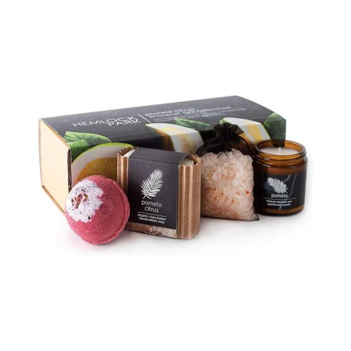 Hemlock Park Artisanal Spa Collection | Apothecary Candle, Shea Butter Soap, Bath Bomb, Mineral Salt Bath Soak | Handcrafted with Organic Ingredients ( Pomelo Citrus )