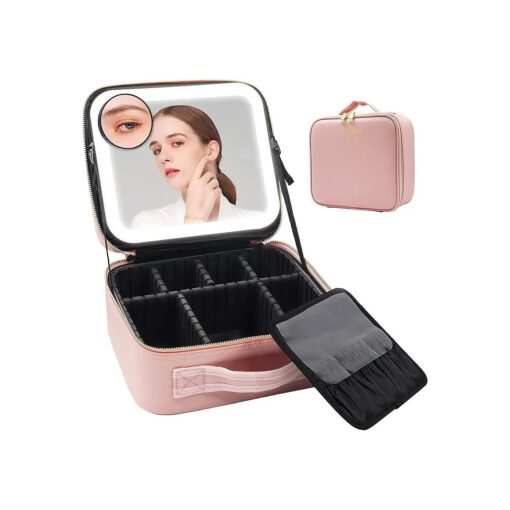 Makeup Bag with Mirror of LED Lighted, Travel Makeup Train Case Cosmetic Bag Organizer with Mirror and Lights, Make up Bag with Light up Mirror Adjustable Divider Brush Board