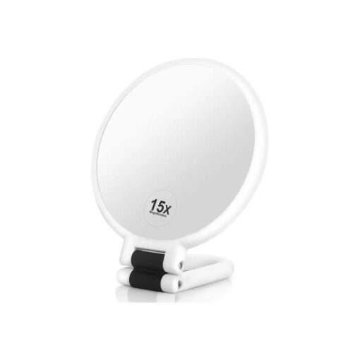 Handheld Mirror, 1x 15x Magnifying Makeup Mirror with Handle Double Side Hand Held Mirror with 1x15x Magnification & Foldable Handle, Portable Travel Makeup Hand Mirror for Women ( White )