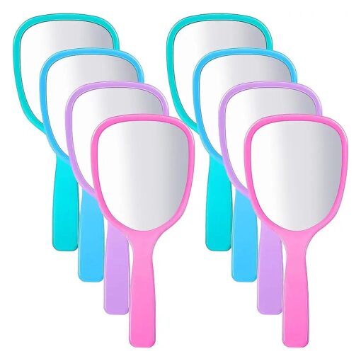 Small Handheld Hand Mirror Compact Travel Makeup Mirror Handheld Cosmetic Mirror with Handle Personal Mirror Portable Vanity Mirror 3.15 Inch Wide, 7.09 Inch Long ( Blue, Green, Pink, Purple,8 Pieces )