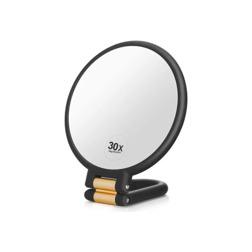 1x 30x Magnifying Travel Mirror, Hand Mirror with Handle - Double Side Hand Held Mirror with 1x30x Magnification & Foldable Handle, Portable Travel Makeup Hand Mirror for Women ( Black )