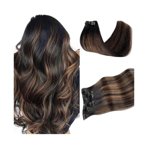 Clip in Hair Extensions Real Human Hair, 14 Inch 70g 5pcs Balayage Natural Black to Brown Clip in Hair Extensions Long Straight Remy Hair Extensions Handmade Double Weft Clip ins Human Hair Extensions