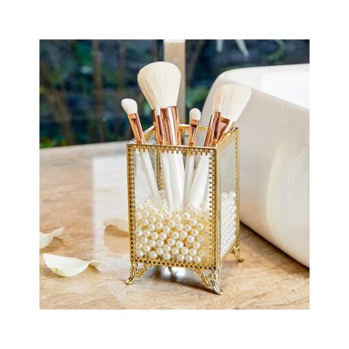 PuTwo Makeup Brush Holder Glass and Brass Vintage Makeup Brush Organizer Handmade Cosmetic Brush Storage with White Pearls for Dresser Vanity Countertop - Gold