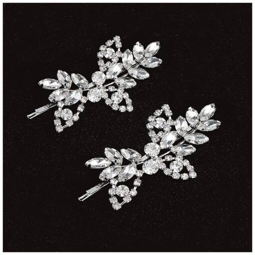 Rhinestone Bridal Hair Clips ( 2PCS ) Leaf Wedding Hairpin Bride Pearl Crystal Hair Clips Gold Rhinestone Barrette ( Silver )