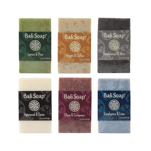 Bali Soap - Masculine Collection Natural Soap Bar Gift Set, 6 pc Variety Pack, Lemon-Pine, Ginger-Coffee, Sandalwood-Mint, Agarwood-Spice, Clove-Cinnamon, Eucalyptus-Lime 3.5 Oz each