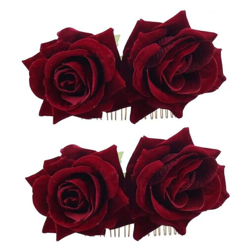 Ever Fairy Rose Flower Hair Clip Comb Slide Flamenco Dancer Pin Flower Brooch Lady Hair Styling Clip Hair Accessories ( 2 Color Pack : Deep Red )