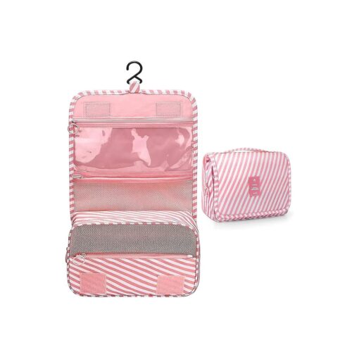 Premium Toiletry Bag for Women Hanging Makeup Bags Organizer Travel Bag for Toiletries Cosmetic Bag Waterproof Shower Bathroom Bag with Hook Girls ( Pink stripes )