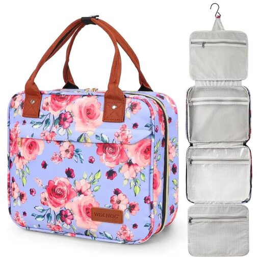 Hanging Travel Toiletry Bag with Hook | Water Proof Zip Bag with 4 Compartments + 2 Outer Zip Pockets | Cosmetic Travel Bag for Toiletries | Travel Essentials for Women & Men ( Purple Floral )