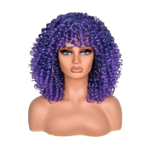 Lizzy Short Curly Wig for Black Women Curly Afro Wigs with Bangs African Synthetic Glueless Heat Resistant Fluffy Bomb Curly Hair Wig ( Blue )