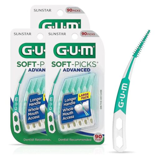 GUM Soft-Picks Advanced, Easy to Use Dental Picks for Teeth Cleaning and Gum Health, Disposable Interdental Brushes with Convenient Carry Case, Dentist Recommended Dental Floss Picks, 90ct ( 3pk )