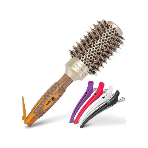 Fagaci Professional Round Brush for Blow Drying with Natural Boar Bristle, Round Brush | Nano Technology Ceramic + Ionic for Hair Styling, Drying, Healthy Hair, Volume | Hair Brush + 4 Styling Clips