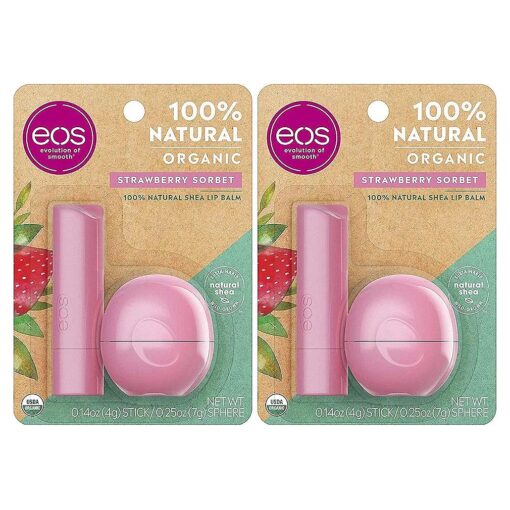 eos USDA Organic Lip Balm - Strawberry Sorbet | Lip Care to Nourish Dry Lips | 100 % Natural and Gluten Free | Long Lasting Hydration | 0.25 oz, Sphere | 0.14 oz, Stick ( Pack of 2 )