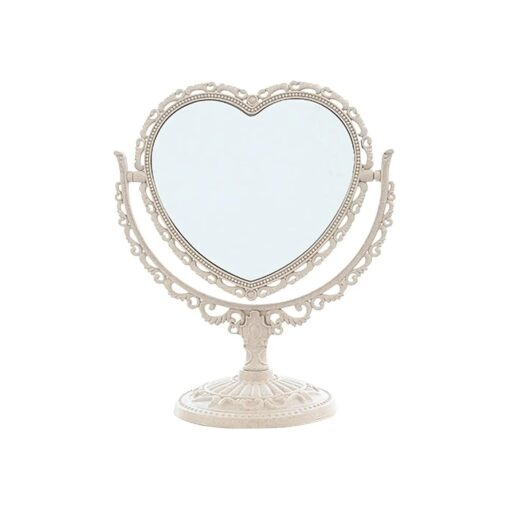 FRCOLOR Heart Vanity Mirror Plastic Double-Sided Makeup Mirror 2x Magnification Tabletop Retro Mirror for Bedroom Bathroom Desk Beige