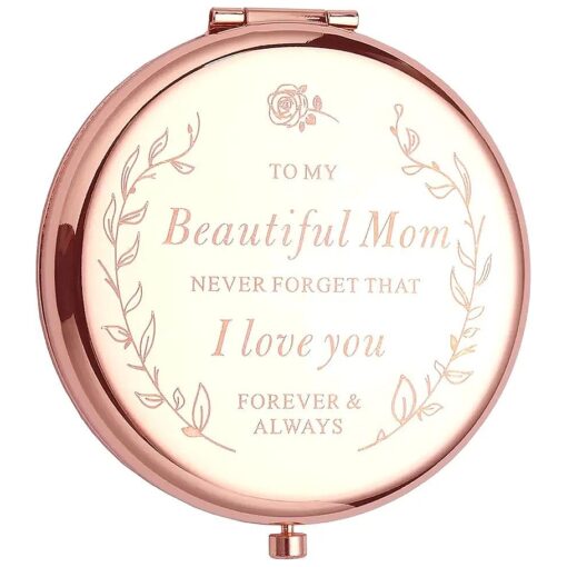 Engraved Christmas Birthday Gifts for Mom from Daughter and Son - I Love Mom Rose Gold Compact Mirror for Your Mom in Unique Gift Box for Mothers Day