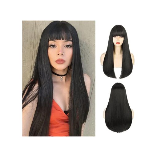 ENTRANCED STYLES Black Wigs for Women Long Straight Wig with Bangs Black Hair Wigs Heat Resistant Synthetic Womens Wig for Daily Party Use 22 Inch