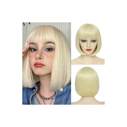 Blonde Bob Wig For Women Short Blonde 613 Bob Wig With Bangs Straight Bob Bangs Wig 10 Inch Heat Resistant Synthetic Hair Natural Looking For Daily Party Use