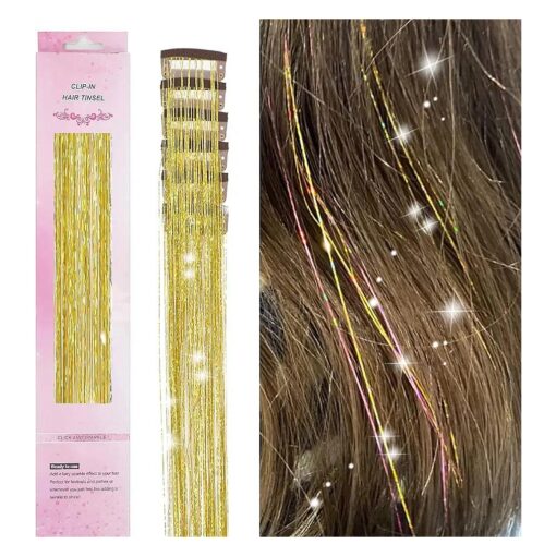 Hair Tinsel Clip in Tinsel Hair Extension 6 Pcs 19.6 Inch Clip in Hair Tinsel Kit Heat Resistant Dazzle Fairy Hair Accessories Glitter Hair Extensions for Women Girls Kids Festival Gift Party ( Gold )