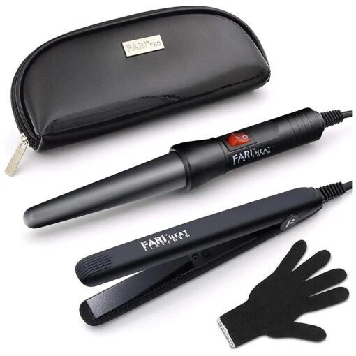 FARI Travel Hair Curling Iron and Mini Flat Iron 2 in 1 Kit, Ceramic Tourmaline Curling Wands and Hair straighteners Set, Heat Resistant Glove and Travel Pouch Included, Black