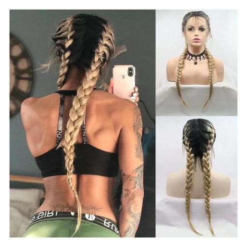 Ombre Blonde Double Braided Wigs with Baby Hair Blonde with Dark Roots Heat Resistant Synthetic Lace Front Wigs for Women Natural Long 2xTwist Braids Synthetic Braids Wigs Daily Use