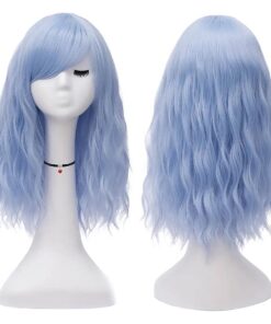 Mildiso Light Blue Wigs for Women Short Wavy Heat Resistant Synthetic Soft Full Hair Wig with Bangs, 16" Shoulder Length Cute Blue Wig for Party Cosplay Daily Use with Comfortable Wig Cap for M050BL