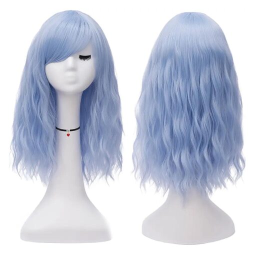 Mildiso Light Blue Wigs for Women Short Wavy Heat Resistant Synthetic Soft Full Hair Wig with Bangs, 16" Shoulder Length Cute Blue Wig for Party Cosplay Daily Use with Comfortable Wig Cap for M050BL