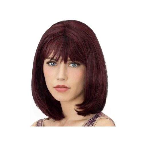 Onpep Bob Wig with Bangs Wine Red Short Straight Wigs for Women Burgundy Shoulder Length Heat Resistant Synthetic Wigs