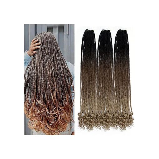 Box Crochet Hair Goddess Braids with Curly Wavy Ends Ombre Brown 24inch Long Pre-looped Box Braiding Hair Extensions Synthetic Jumbo Braid for Black Women ( 1B/Brown/Light Brown )