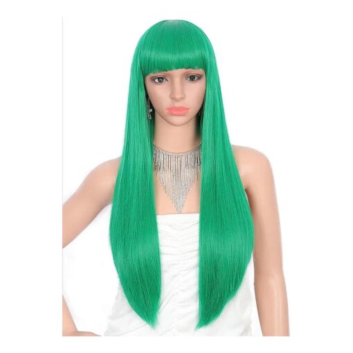 Kalyss 28 inches Women 's Silky Long Straight Green Wig Heat Resistant Synthetic Wig With Bangs Hair Wig for Women