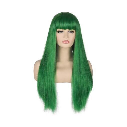 morvally Women 's 26" Long Straight Green Synthetic Resistant Hair Wigs with Bangs Natural Looking Wig for Women Halloween Cosplay