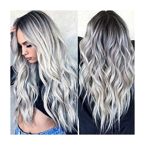 28" Natural Full Wigs Hair Long Wavy Wig Synthetic Heat Resistant Ombre Silver Gray Full Curly Wig with Free Wig Cap for Women Girls Party Cosplay Halloween Costume Accessories ( Silver Grey )