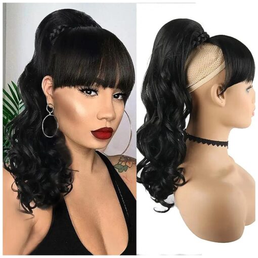 LEOSA 16 Inch Body Wave with Bang Ponytail Extension Hairpin Clip in Hairpieces Bang with Ponytail Heat Resistant for Women