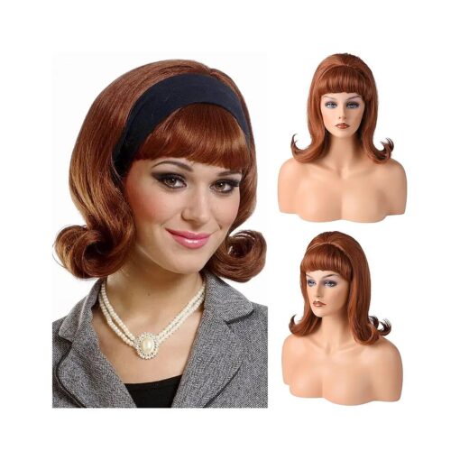 LONAI Retro Brown Wig 50s 60s 70s Wig with Bangs for Women Synthetic Hair for Halloween Costume Party