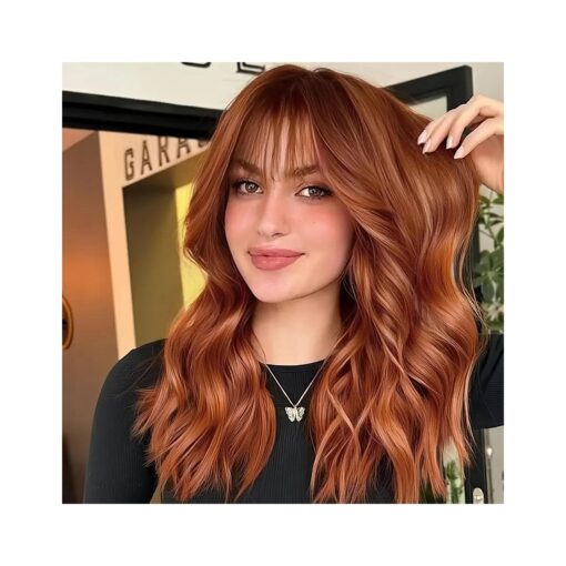 BLONDE UNICORN Auburn Wig With Bangs Medium Length Wavy Curly Ombre Wig with Dark Root Synthetic Heat Resistant Wigs for Women Daily Party Use 20IN