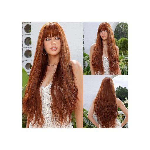 Allbell Long Ginger Wavy Wigs with Air Bangs for Women Afro Natural Looking Heat Resistant Synthetic Hair