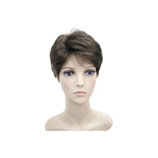 Wigsinway Short Synthetic Wigs Medium Ash Brown Fluffy Straight Full Bang Capless Heat Resistant Fiber Wigs for Women