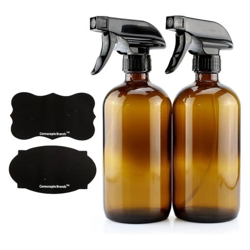 Cornucopia 16oz Amber Glass Spray Bottles w/Reusable Chalk Labels ( 2 Pack ), Heavy Duty Mist & Stream 3-Setting Sprayer ; Great for Essential Oils