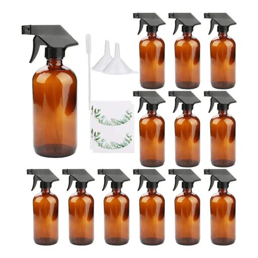 16oz Amber Glass Spray Bottles, Adjustable Sprayers & Chalk Labels, with caps for Essential Oils, Cleaning Products, or Aromatherapy ( Spray Bottle Set ) [ 12 pack ]