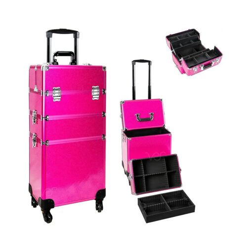 Professional Rolling Makeup Case, Heavy Duty Makeup Artist Travel Case with 4 Extendable Trays, Magenta Glitter