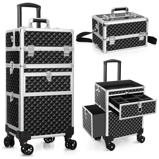 Professional Rolling Makeup Train Case, Multi-functional Cosmetic Trolley with 360deg Swivel Wheels Keys, Large Storage Traveling Cart Trunk, Cosmetic Train Cases for Nail Technicians Hairstylist