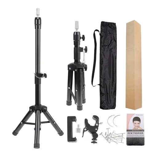 Wig Stand Tripod Mannequin Head Stand Metal Adjustable Heavy Duty Wig Head Stand for Canvas Block Head Cosmetology Hairdressing Training Doll Head and Styling Making Wigs with Smartphone Clamp Mount