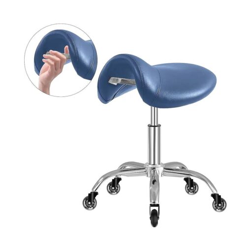 Saddle Stool with Wheels 300 lbs Weight Capacity, Heavy Duty Rolling Stool for Medical Massage Salon Kitchen Spa Drafting Nail-Tech, Height Adjustable,360 Swivel, Wide Thick Seat Padding ( Blue )