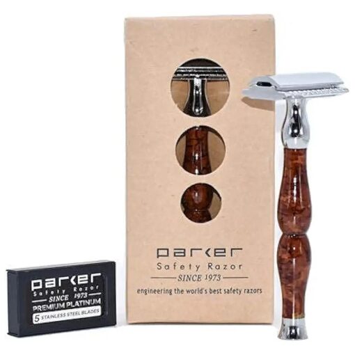 Parker, 45R Heavyweight Double Edge Safety Razor - 3 Piece Design with 4 Inch Handle - Solid Brass Frame for Durability -5 Parker Double Edge Razor Blades included