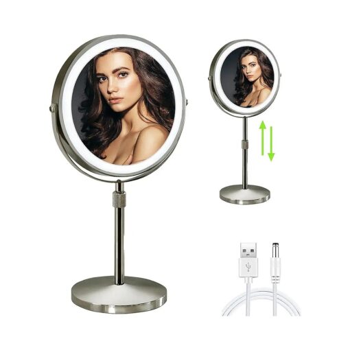 10x Makeup Mirror with Lights, 4000mAh Height Adjustable Lighted Makeup Mirror, Magnifying Mirror with LED Lights, Rechargeable Tabletop Cosmetic Vanity Mirror, Light Up Mirror, Nickel