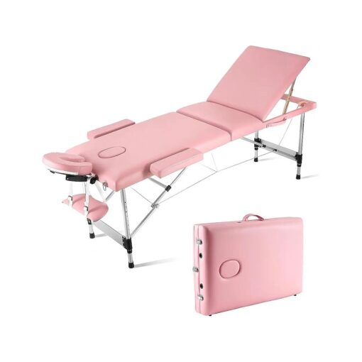 Careboda Portable Massage Table Upgraded 2" Thick Sponge, Height Adjustable Aluminum Massage Bed with Headrest, Armrests and Carry Bag, Professional Massage Tables for Spa, Salon, Tattoo Macaron Pink